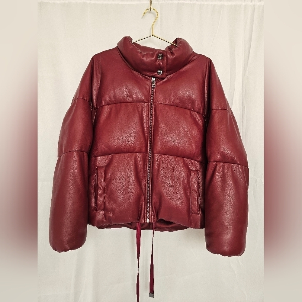 MILLY Sharon Faux Leather Wine Burgundy Puffer Jacket Slight Crop Size Large